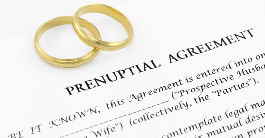 Form of prenuptial agreement with a pair of wedding rings